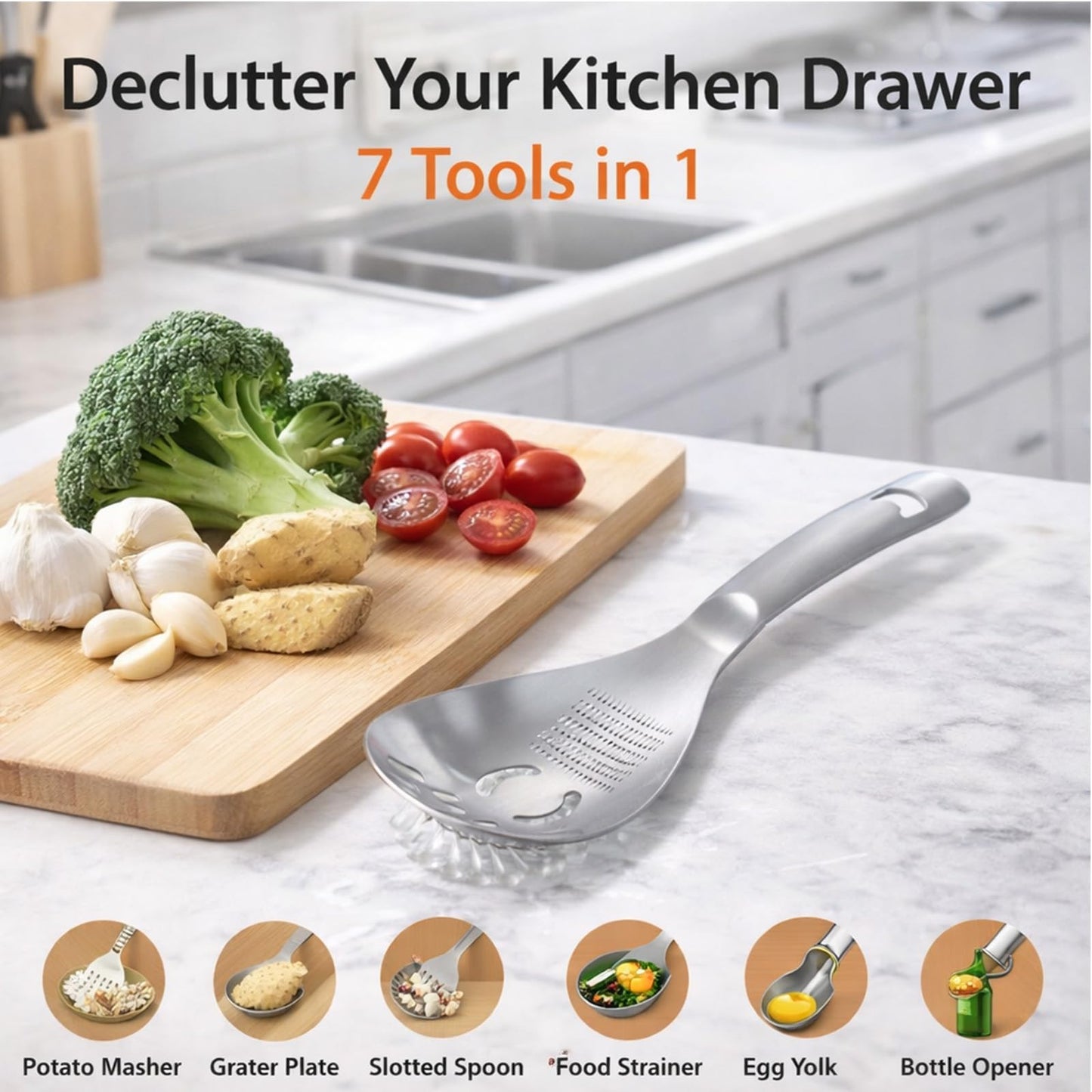 xyadyhz 304 Stainless Steel Cooking Spoon 9.05x3.14in- Multifunctional Kitchen Utensil: Slotted Spatula, Potato Masher, Raw Egg Yolk Separator, Food Grater Plate & Pasta Gadget