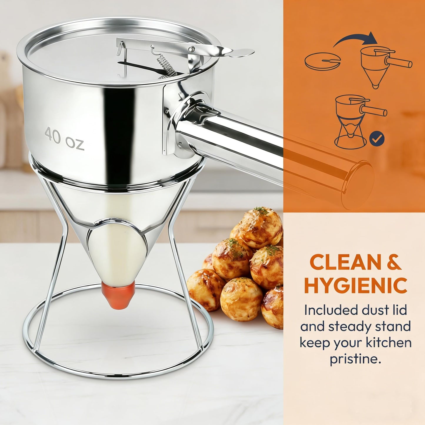 40oz 304 Stainless Steel Pancake Batter Dispenser With Dustproof Lid 4 Interchangeable Nozzles&Detachable Handle Perfect For Parent-Child Baking, Holiday Parties, Cupcakes Waffles。