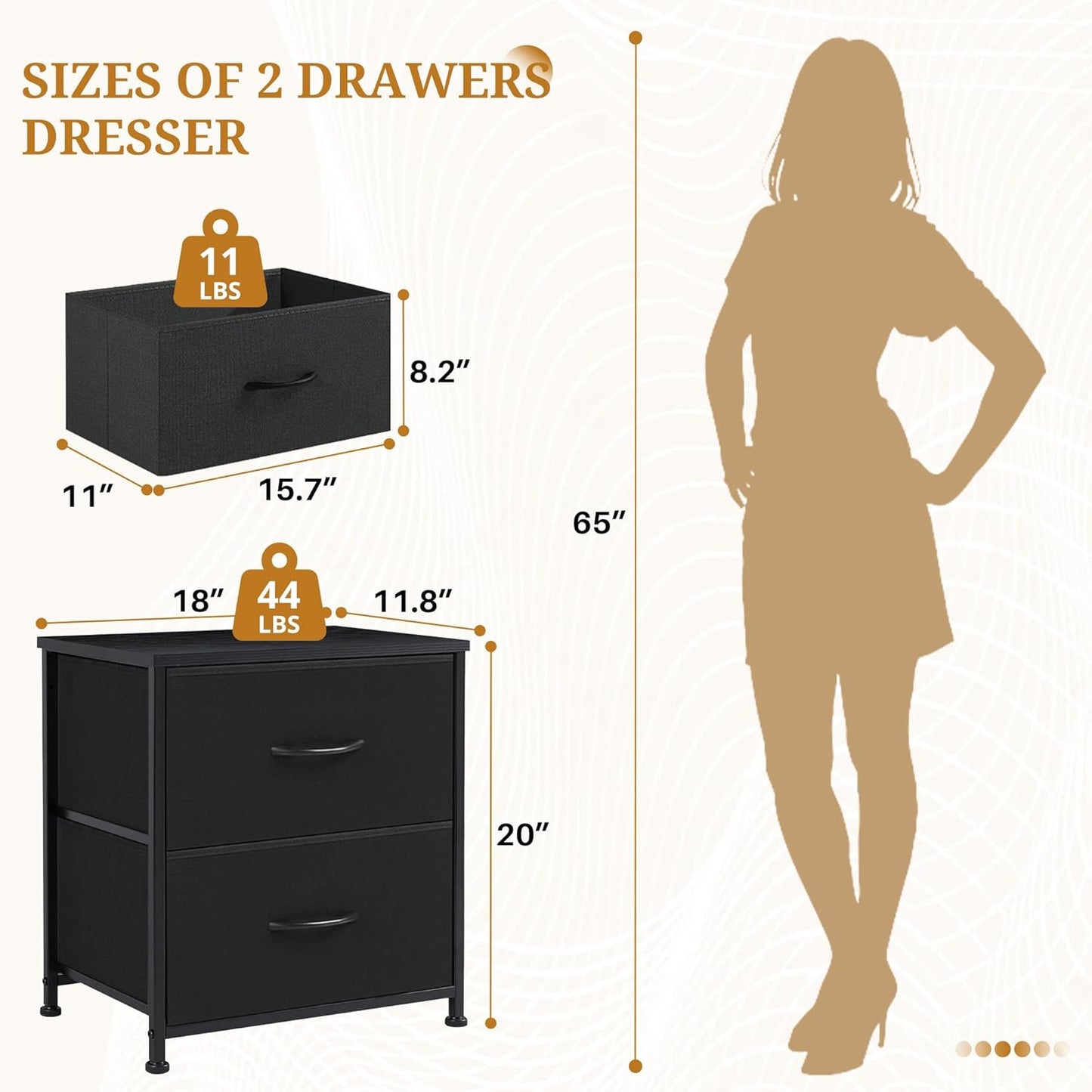 2 2 Closet, Nightstand, Drawer Dresser Bedside Storage Furniture, Small Dresser with Drawers, End Table with Fabric