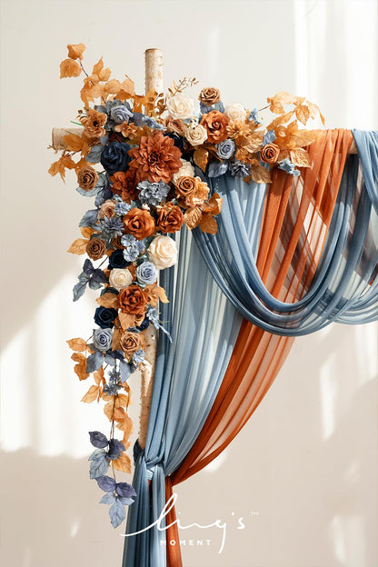 Ling's moment Fall Wedding Arch Flowers with Sheer Drapes Kit - Artificial Orange and Navy Blue Floral Arrangements for Ceremony Backdrop, Arbor Decor, 5-Piece Set (2 Flower Stems + 3 Hanging Drapes)