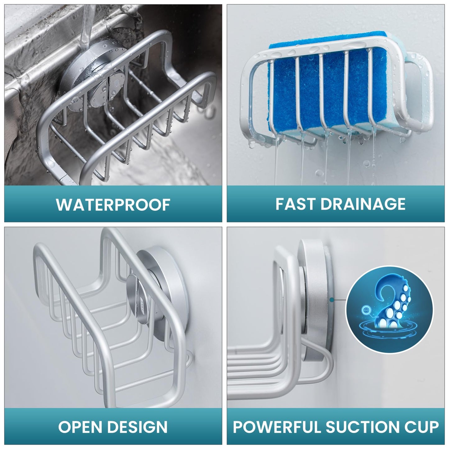 TAILI Sponge Holder for Kitchen Sink with Strong Suction Cup, Rustproof Aluminum Sink Caddy for Sponges, Removable Sponge Holder, Dish Brush for Scraper - Silver