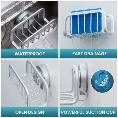 TAILI Sponge Holder for Kitchen Sink with Strong Suction Cup, Rustproof Aluminum Sink Caddy for Sponges, Removable Sponge Holder, Dish Brush for Scraper - Silver