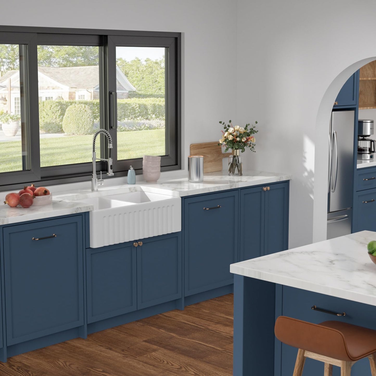 Dcolora 33 In. White Fireclay Farmhouse Sink Reversible Apron Front Design, 50/50 Double Bowl Ceramic Porcelain Kitchen Sink, 33"W×18"D×10"H #DC-A8871