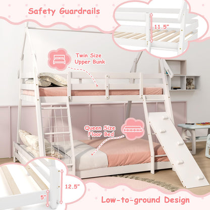 KOMFOTT Wood Twin Over Queen House Bunk Bed, Playhouse Floor Low Bunk Bed with Climbing Nets & Ramp, Space Saving Solid Wood Bunk Bed Frame with Safety Guardrails, Not Box Spring Required (White)