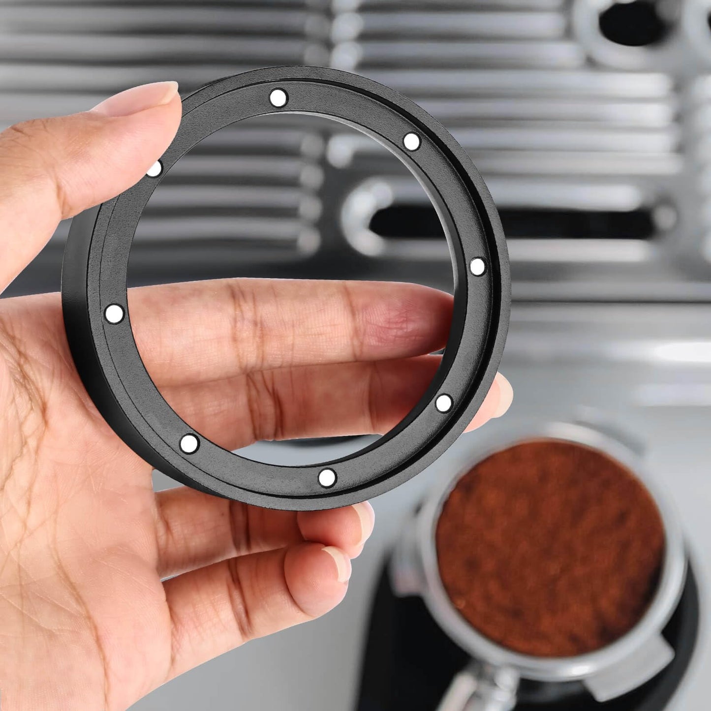 58mm Magnetic Dosing Funnel and Puck Screen Set - Espresso Coffee Dosing Ring - 19mm Anodized Aluminum with 8 magnetized Steel Compatible with 58mm Portafilter (Black)