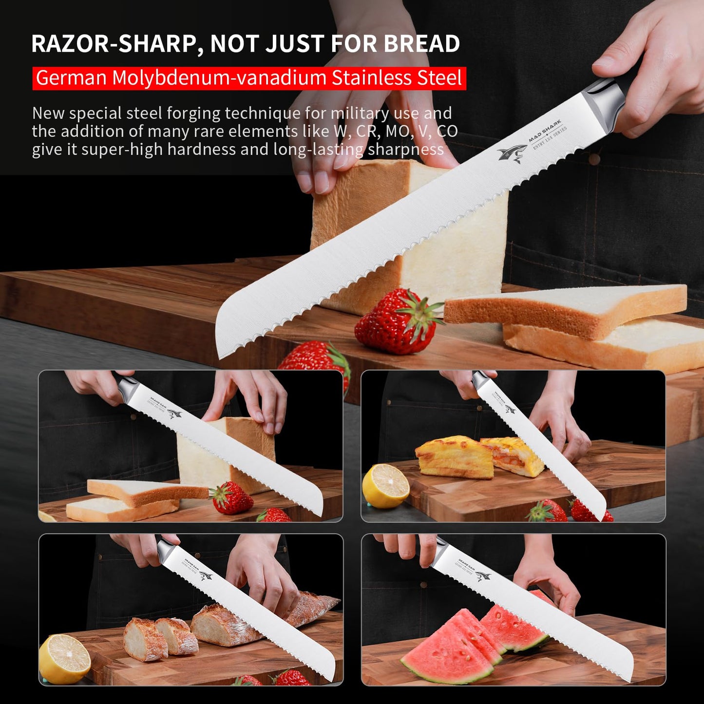 MAD SHARK Bread Knife, Sourdough Bread Knives, Bread Cutter Razor Sharp Edge for Efficient Slicing Sourdough, Bagels, Cake Cutter, 10 Inch Serrated Knife