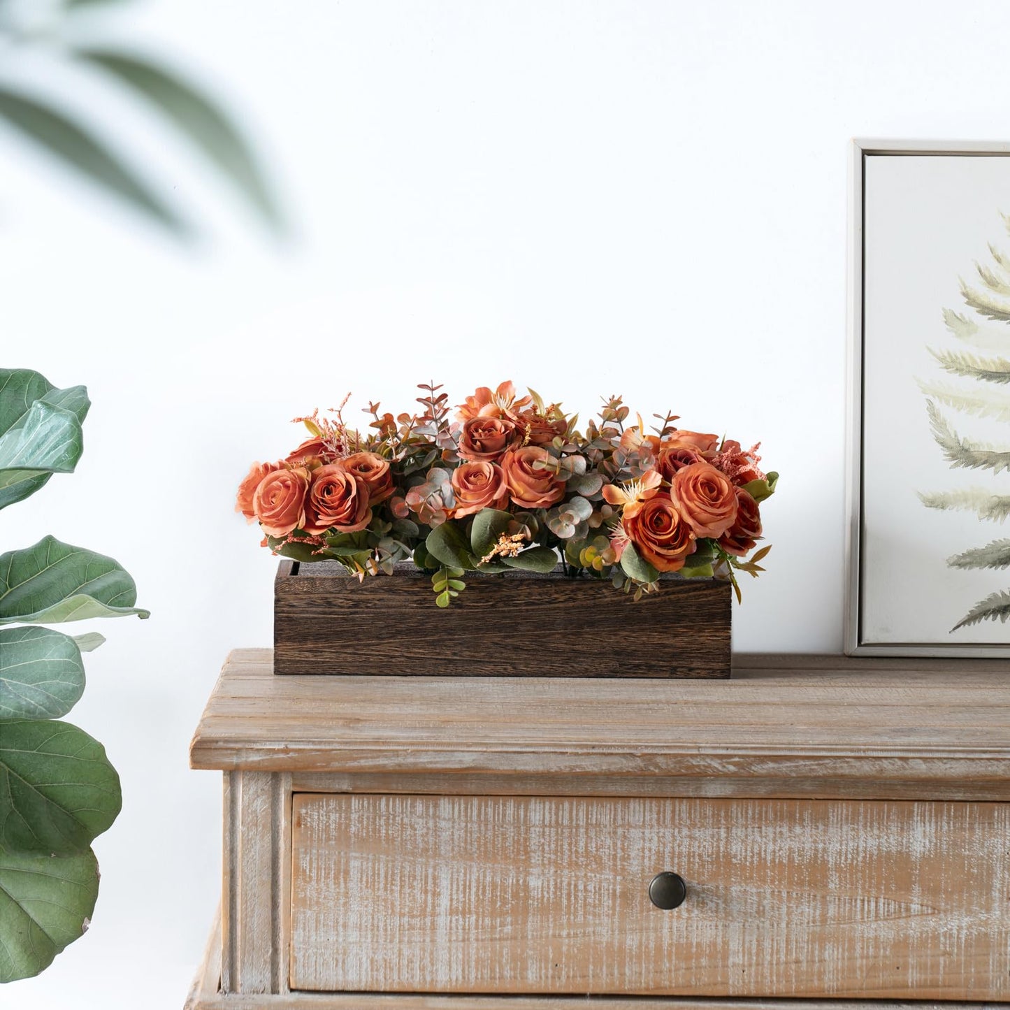 Dahey Centerpiece Table Decorations for Dining Room Farmhouse Living Room Fall Table Centerpieces Decor Wood Tray with 3 Artificial Flowers and 2 Eucalyptus for Kitchen Table, Orange