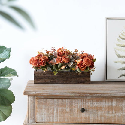 Dahey Centerpiece Table Decorations for Dining Room Farmhouse Living Room Fall Table Centerpieces Decor Wood Tray with 3 Artificial Flowers and 2 Eucalyptus for Kitchen Table, Orange