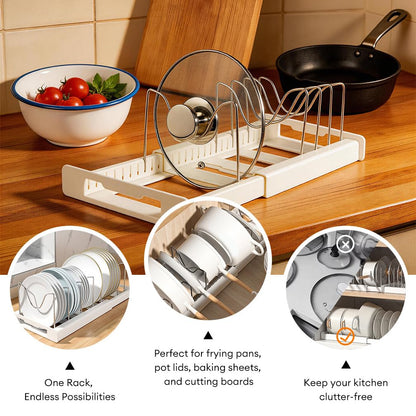 Tenrry Expandable Pot and Pan Organizer Rack for Cabinet, Adjustable 35-58cm Kitchen Cabinet Organizer with 8 ABS Dividers for Lids, Cutting Boards, Bakeware, Dark Gray