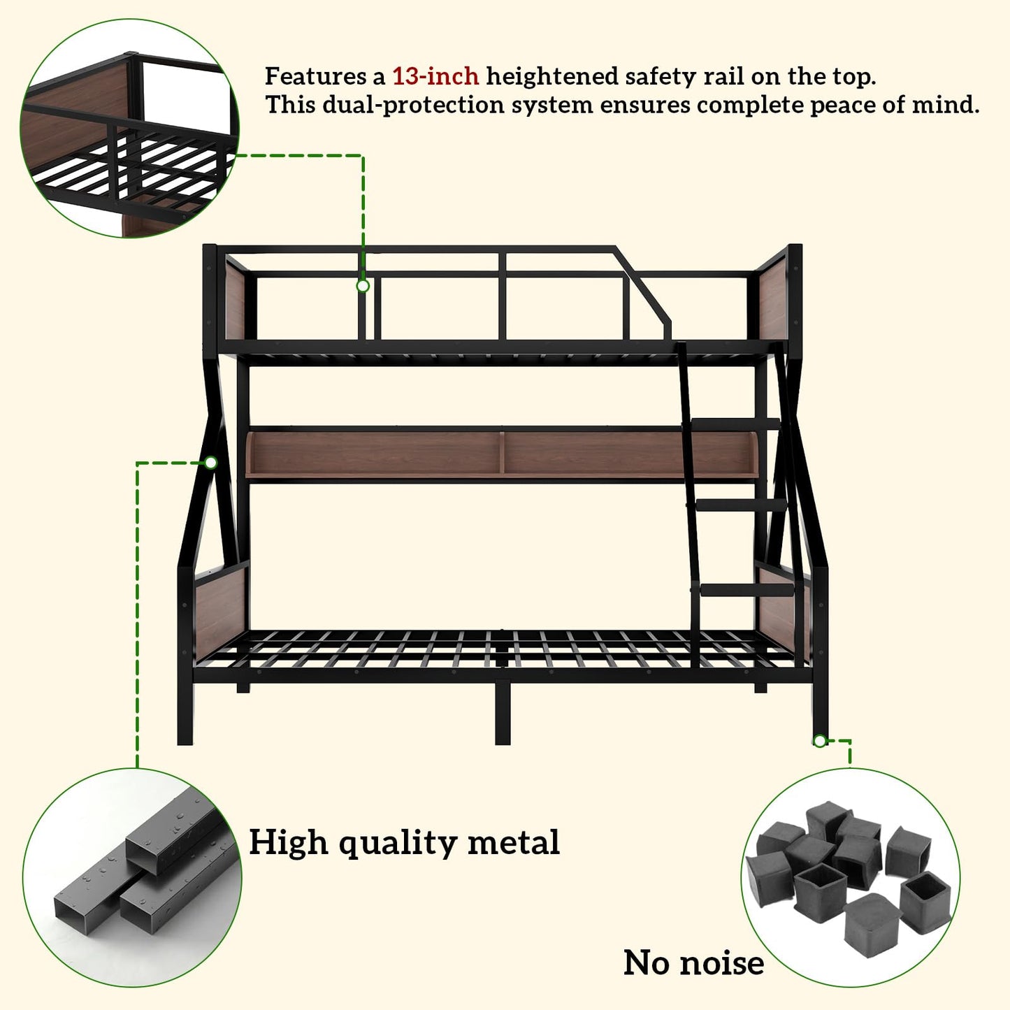 HKOLIE Twin XL Over Queen Bunk Bed with Storage Shelves & LED Lights, Heavy Duty Metal Bunk Bed Frame with Stairs, Noise-Free Design, Space-Saving Bed with Guardrails for Kids, Teens & Adults, Black