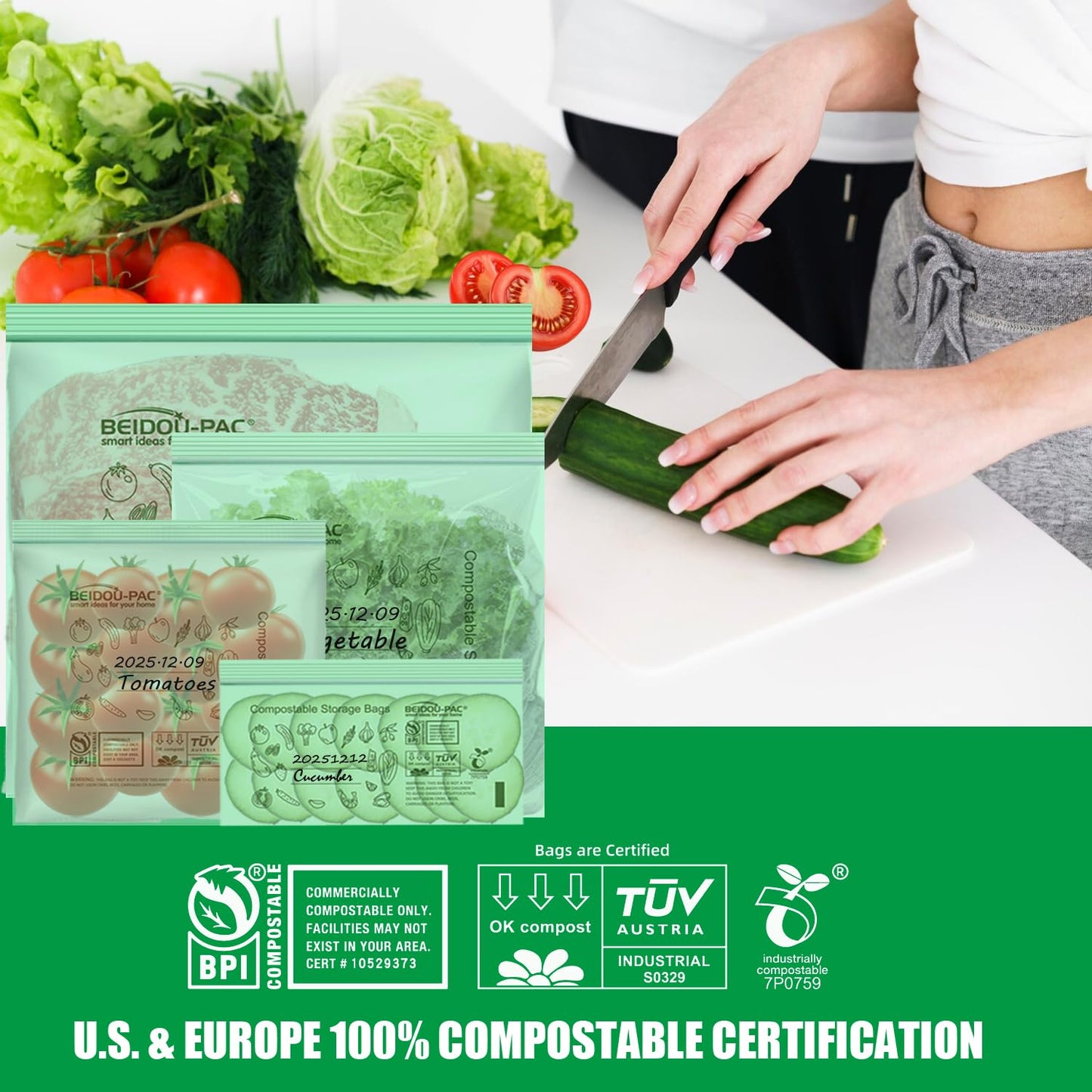 BEIDOU-PAC Compostable Combo Storage Zip Bags, 290 Count Resealable Variety Pack with Organizer, Reclosable Biodegradable Eco-Friendly Compost Snack, Sandwich, Quart, Gallon Assorted Size Bags