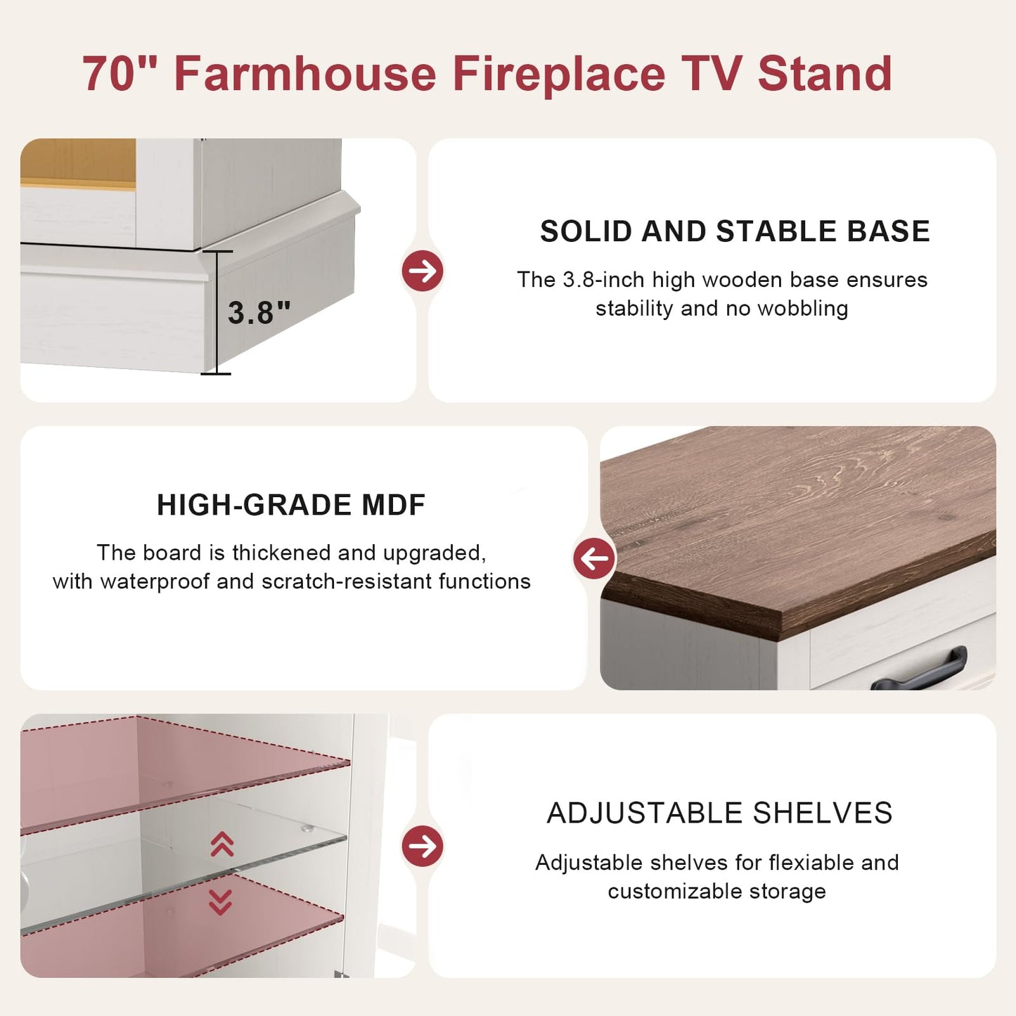 OneBlis 70" TV Stand with 36" Electric Fireplace, Entertainment Center Console Table for TV up to 80'', Fireplace TV Stand with Open Storage Shelves and Glass Door for Living Room, White