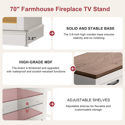 OneBlis 70" TV Stand with 36" Electric Fireplace, Entertainment Center Console Table for TV up to 80'', Fireplace TV Stand with Open Storage Shelves and Glass Door for Living Room, White