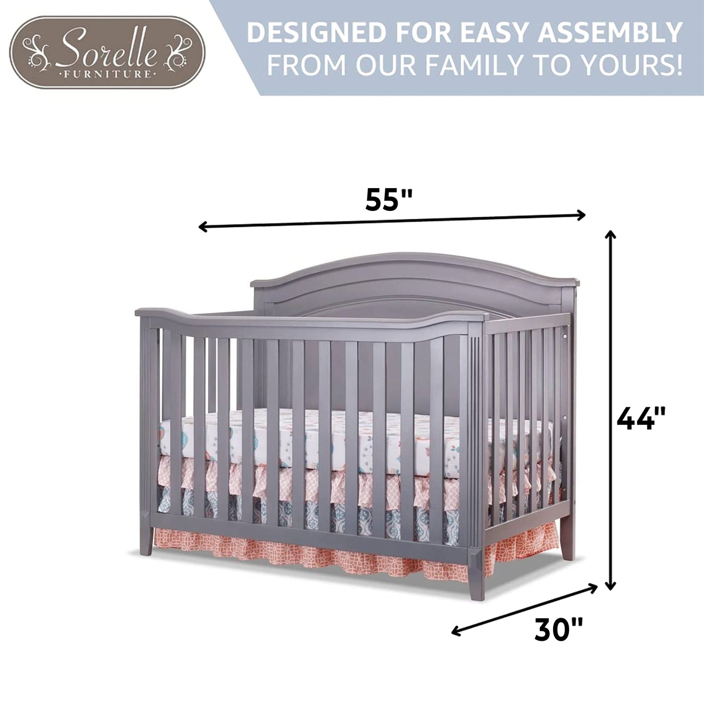 Sorelle Furniture Berkley Round Top Crib, Classic 4-in-1 Convertible Crib, Made of Wood, Non-Toxic Finish, Wooden Baby Bed, Toddler Bed, Child’s Daybed and Full-Size Bed, Nursery Furniture-Gray