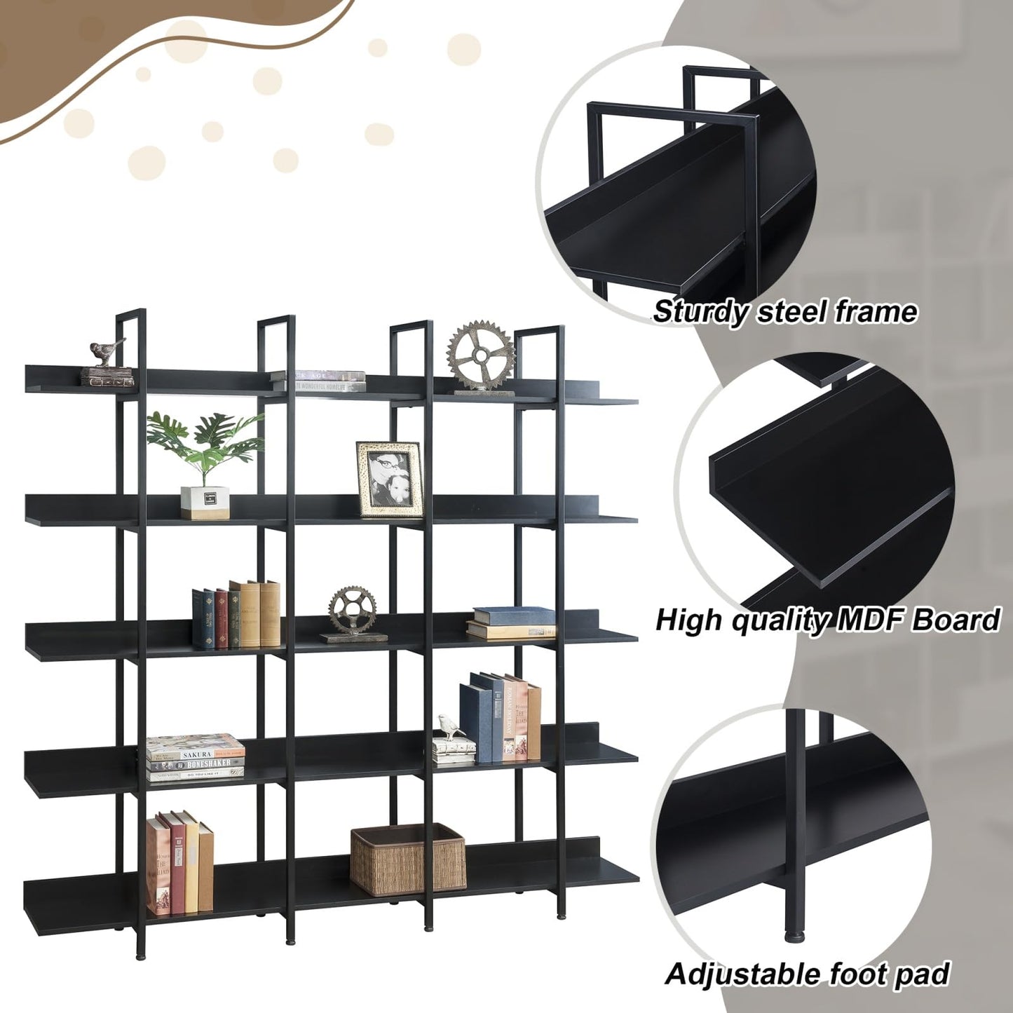 KCSWKJ 5 Tier Bookcase Home Office Open Bookshelf, Vintage Industrial Style Shelf with Metal Frame, MDF Board