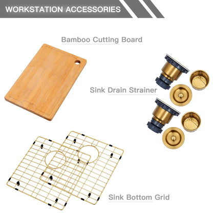 MILOSEN Gold Farmhouse Kitchen Sink, 33x20x10 Inch 50/50 Double Bowl Apron Front Undermount Sink, Gold Stainless Steel Workstation Farm Sinks with Ledge & Accessories, 10'' Deep Handmade Kitchen Sinks