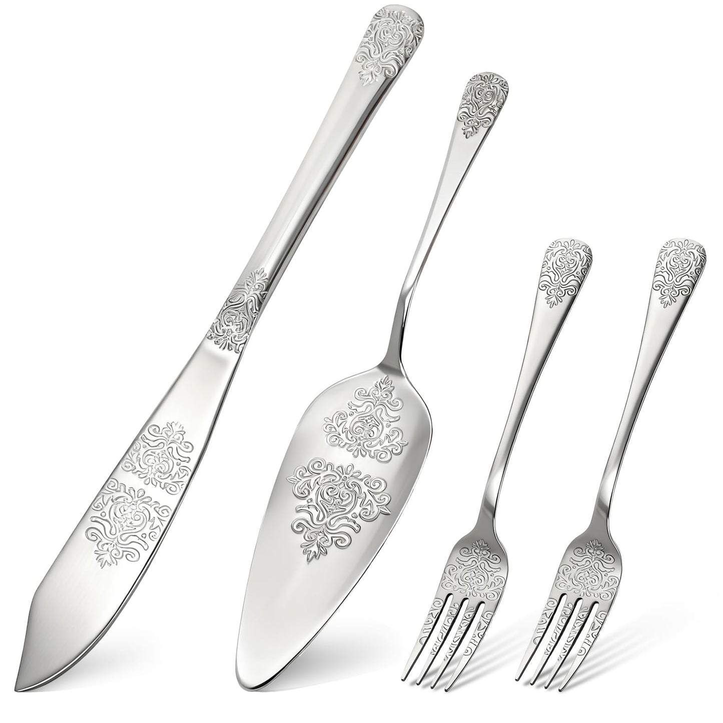 DEAYOU 4 PCS Wedding Cake Knife and Server Set, Stainless Steel Cake Cutting Set with Forks, Engraved Cake Cutter Pie Spatula for Engagement, Anniversary, Birthday, Bride and Groom Gift, Silver
