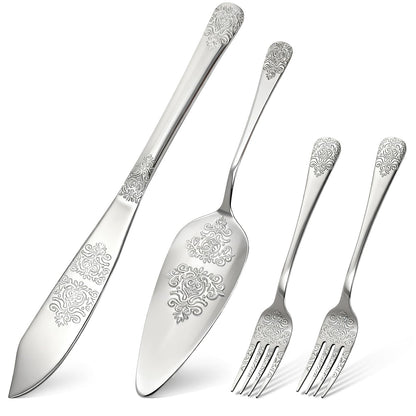 DEAYOU 4 PCS Wedding Cake Knife and Server Set, Stainless Steel Cake Cutting Set with Forks, Engraved Cake Cutter Pie Spatula for Engagement, Anniversary, Birthday, Bride and Groom Gift, Silver