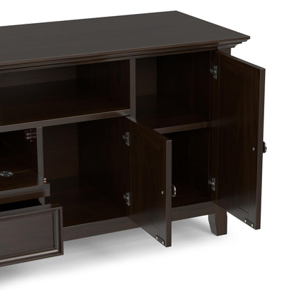 SIMPLIHOME Amherst TV Stand - 72 inch Wide Solid Wood Media Console in Brunette Brown, Transitional Entertainment Center for Living Room for TVs up to 80 Inches with Shelves and Cable Management
