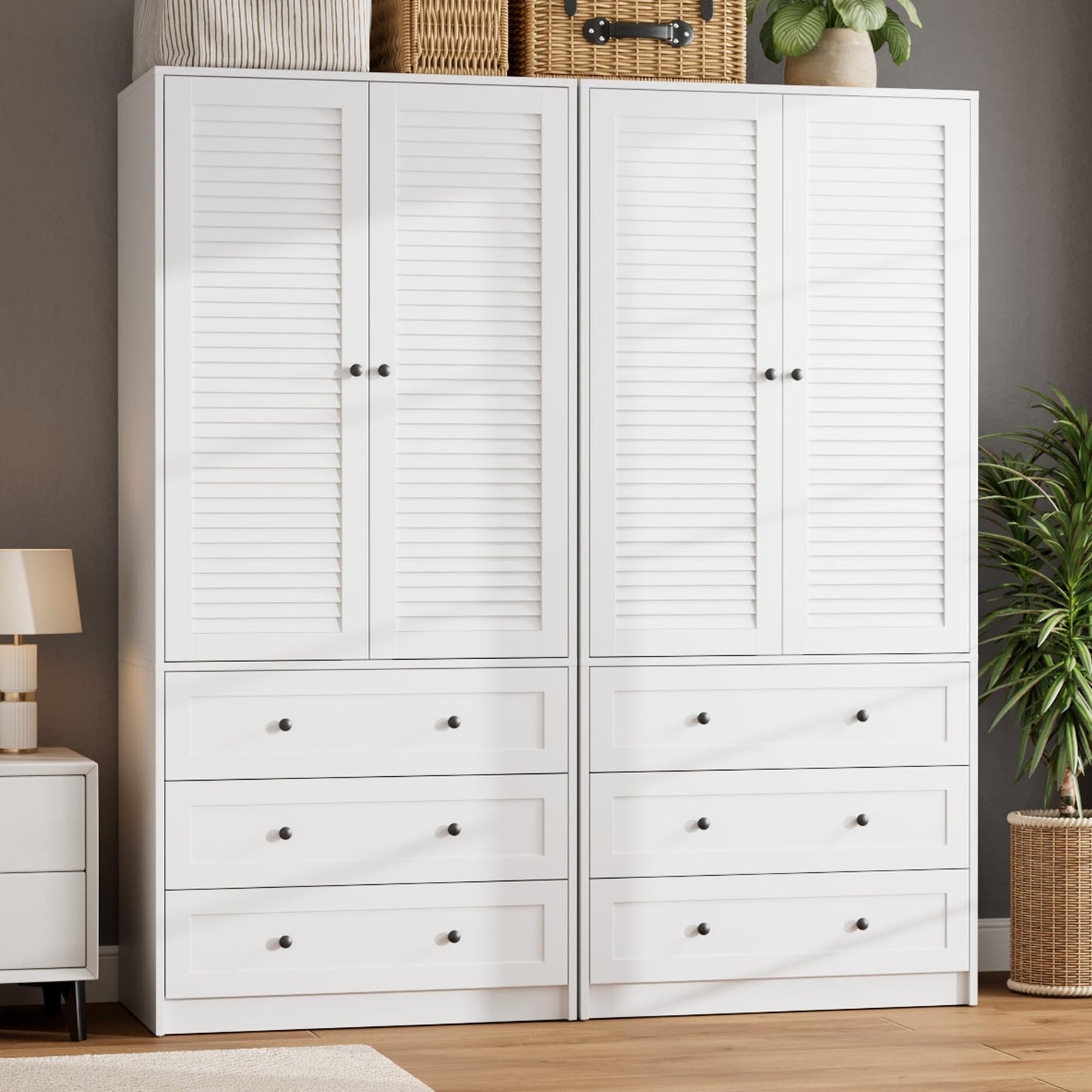 GarveeHome Armoire Wardrobe Closet with Drawers, 69.5 in Wooden Wardrobe Cabinet with Hanging Rod, 2 Doors Clothing Storage Cabinet for Bedroom, Large Capacity Storage, Louvered Door, White