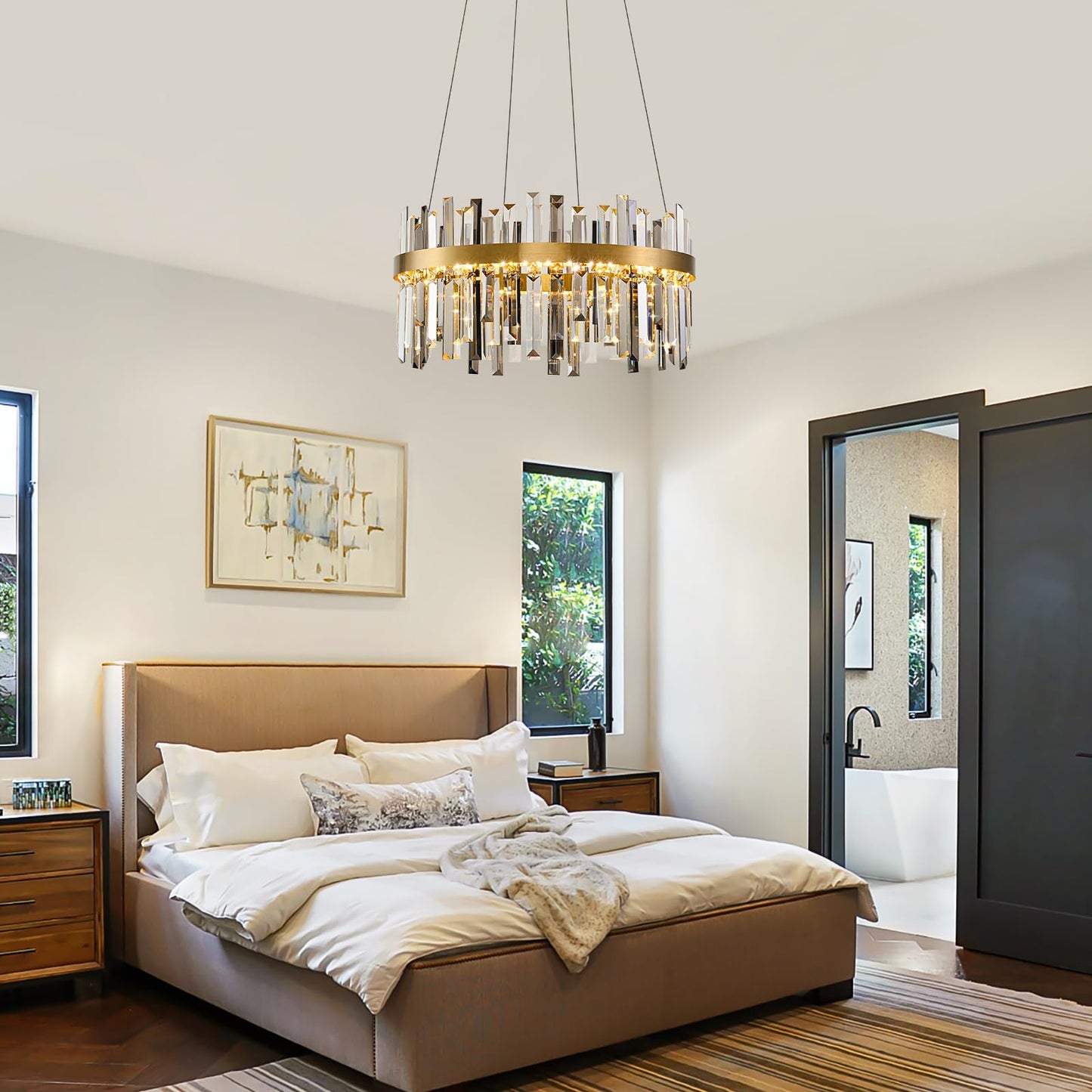 Gold Led Modern Crystal Chandelier: 19.7" Round Contemporary 3 Color Dimmable Dining Room Light Fixture over Table - Smoke Grey & Clear Crystals Chandeliers for Bedroom Living Kitchen Entryway Foyer