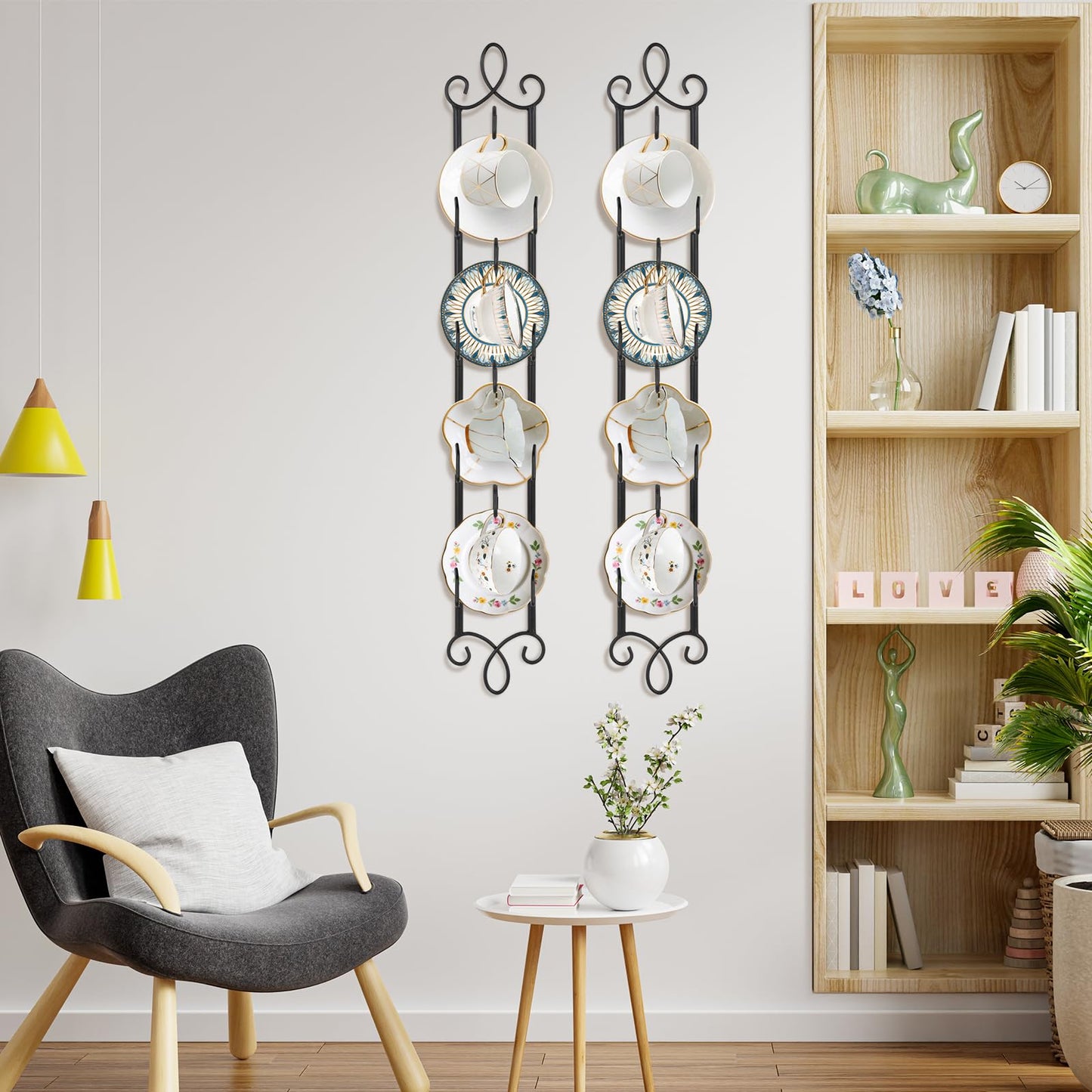 WHXGG 2 Pack Tea Cup Display Rack Vertical Wall Cup Rack Set 4 Tiers Wall Mounted Cups Plate Holder 36 x 5''Tea Cup and Saucer Display Stand for Kitchen Tearoom Restaurant Office Fits 6''Diameter