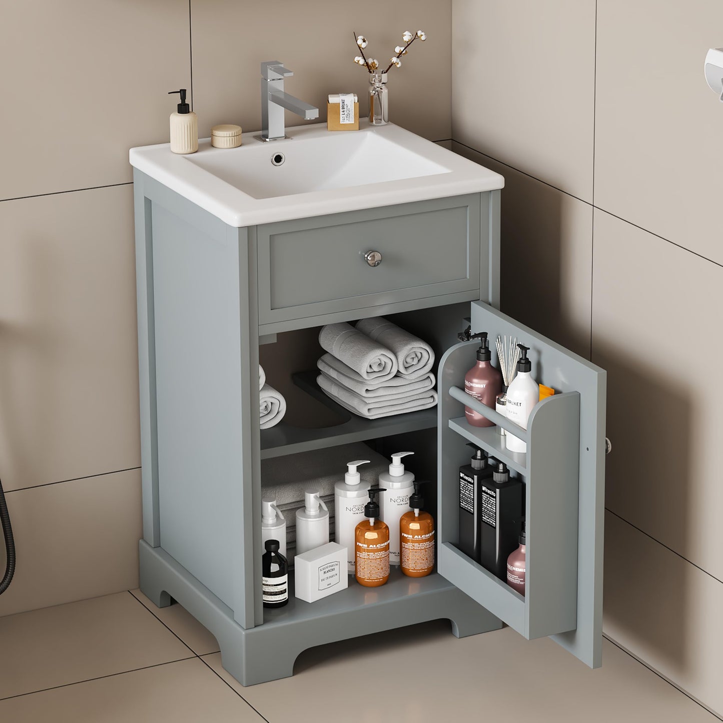 Favfurish 20" Bathroom Vanity with Ceramic Sink, Undermount Single Basin Bath Vanity Set w/Soft-Close Door and Storage Rack & Adjustable Shelf, Modern Freestanding Cabinet for Small Space, Grey
