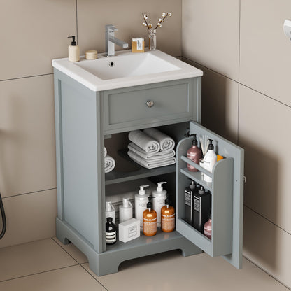 Favfurish 20" Bathroom Vanity with Ceramic Sink, Undermount Single Basin Bath Vanity Set w/Soft-Close Door and Storage Rack & Adjustable Shelf, Modern Freestanding Cabinet for Small Space, Grey