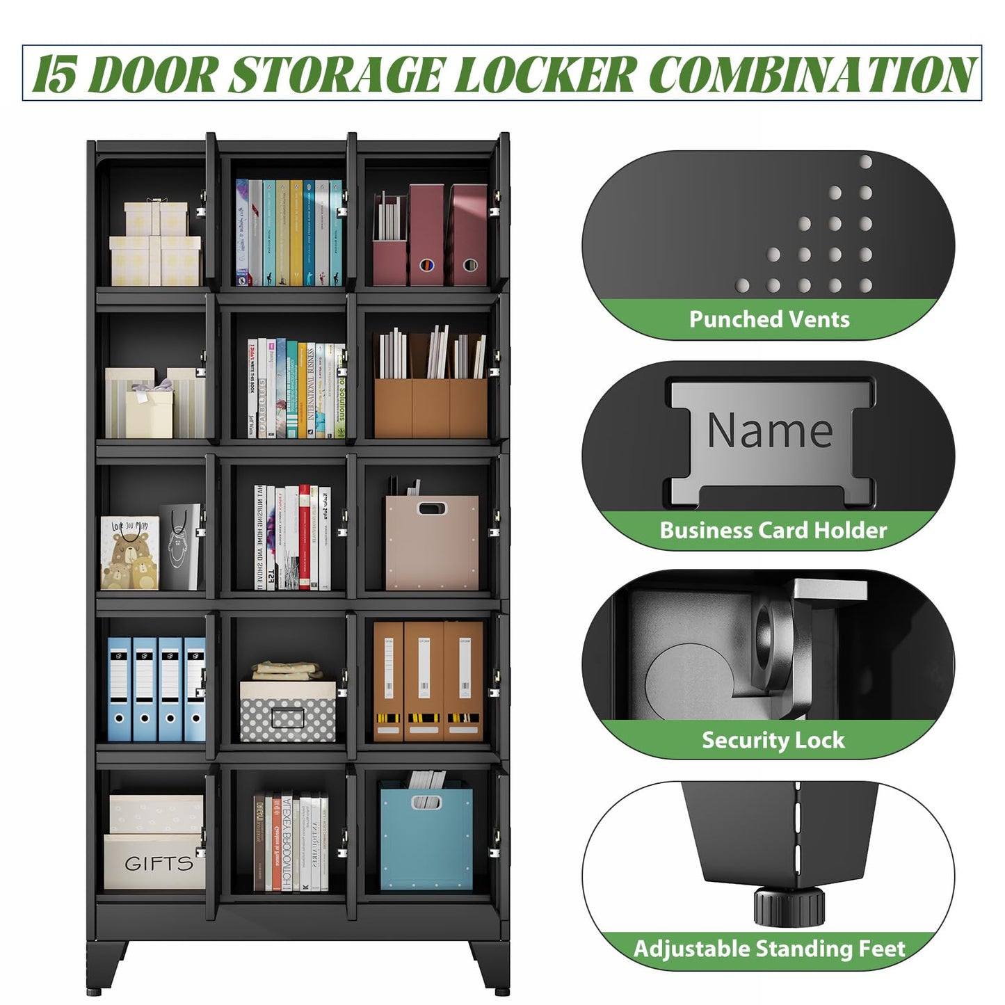 erosoei Metal Lockers for Employees, 15 Doors Metal Storage Locker with Card Slot and Ventilation Holes, Steel Employee lockers for Home Office School Gym Garage, Requires Installation