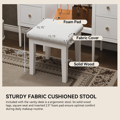 Merax Antique Vanity Desk with Triple Mirror, 46" Makeup Vanity Set with Cushioned Stool, Large Dressing Table with 6 Storage Drawers for Bedroom Dressing Room, White