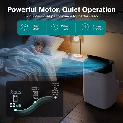 SereneLife Portable Air Conditioner, Dehumidifier & Fan | 3-in-1 8,000 BTU AC With Temperature Ranges 64°F–90°F & Cools 350 SQ FT | Includes 3 Fan Speeds, Remote Control, & Window Exhaust Kit | White
