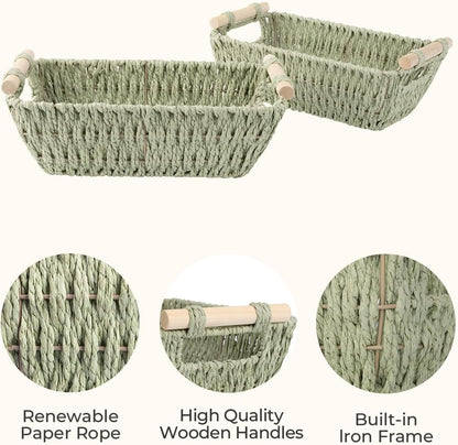 StorageWorks Round Woven Basket Set - Paper Rope with Wooden Handles | Bosana Green, 2-Pack