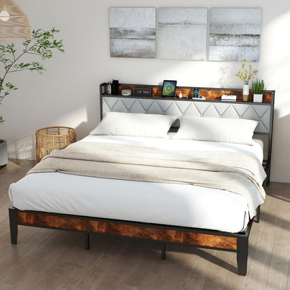 UOCFYK Queen Bed Frame, Platform Bed Frame with Storage Headboard with Charging Station, All Sturdy Metal Support, No Box Spring Needed, Easily Assemble, Grey + Brown