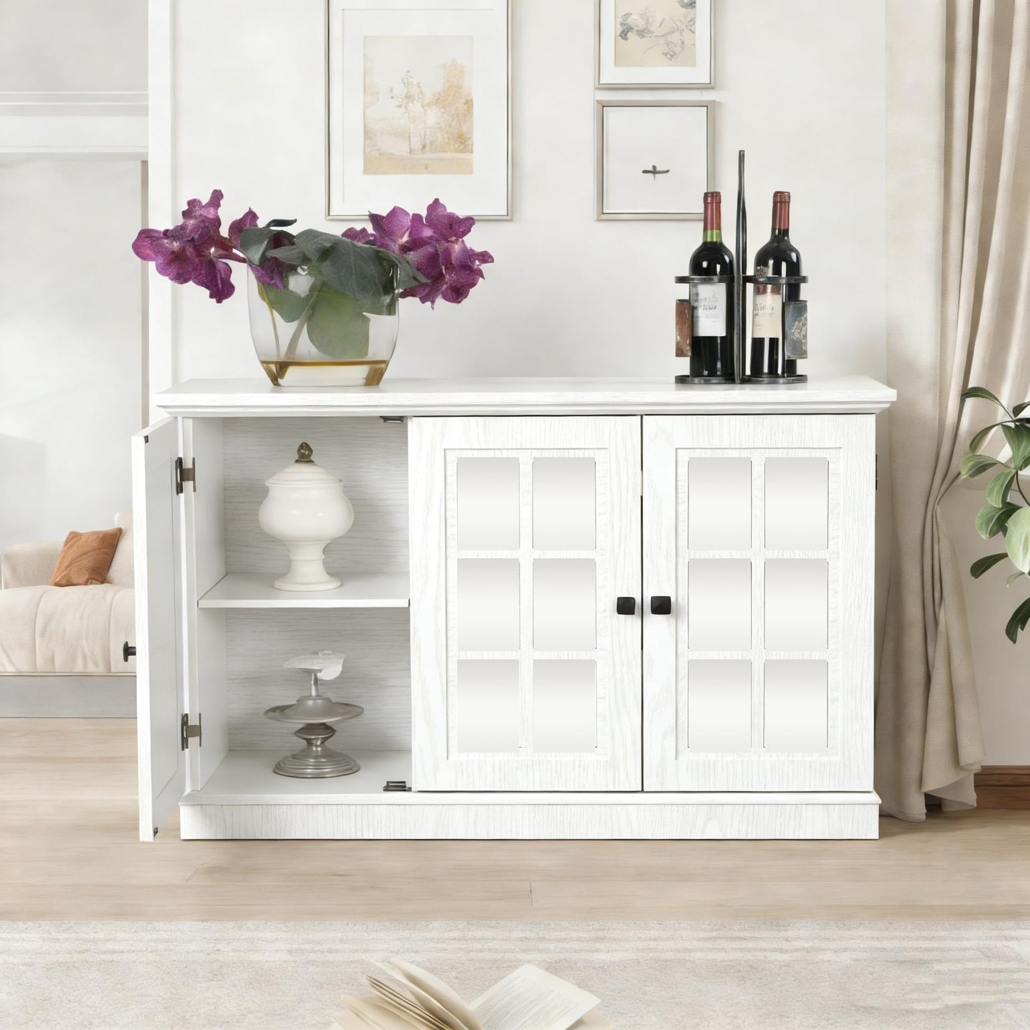 GDFStudio 45" Modern Buffet Sideboard Cabinet, Storage Cabinet with 3 Acrylic Mirrored Doors & Adjustable Shelves, Freestanding Credenza Buffet for Dining Room, Accent Cabinet Coffee Bar, White