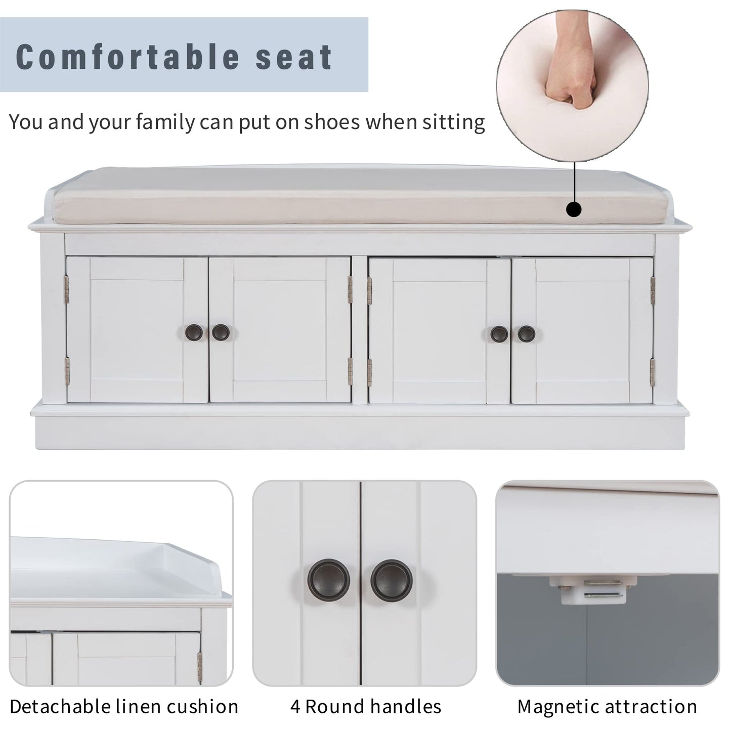 GDFStudio Jasd Storage Bench with 4 Doors and Adjustable Shelves, Removable Cushion Bench Ottoman, Solid Wood Frame Storage Ottoman, Rectangular Cabinet with Seating for Living Room Entryway, White