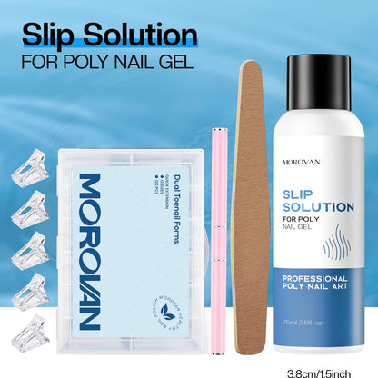 Morovan Nail Slip Solution Kit: 2.5 OZ Anti‑Stick Gel Liquid for PolyGel Nails with Dual‑Ended Brush & Nail Forms Ideal Easy Spread for Beginners