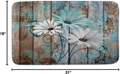 Farmhouse Floral Flower Bath Mat, Teal Daisy Rustic Wooden Plank Non-Slip Soft Doormat for Indoor Outdoor
