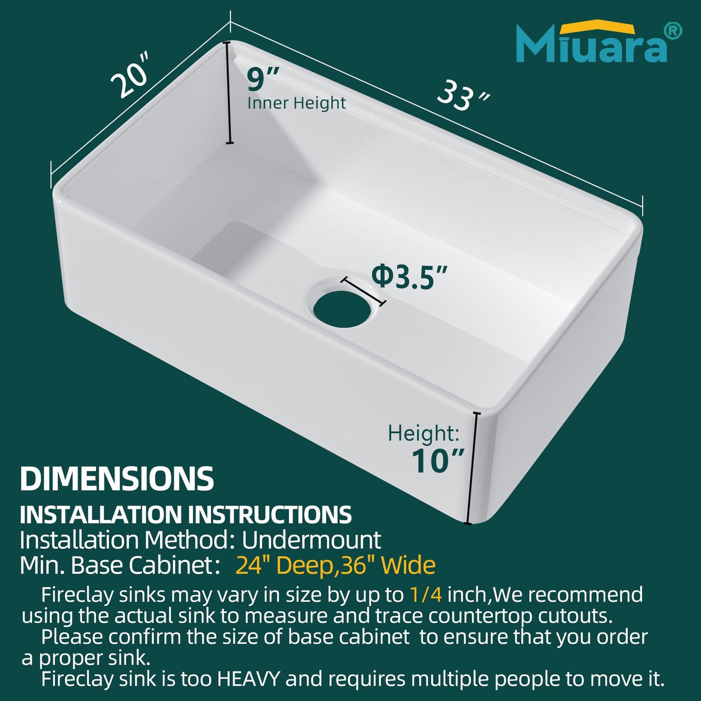 Miuara White Farmhouse Workstation Sink 33 Inch - Heavy Duty Fireclay Apron Front Kitchen Sink Undermount 33"x20"x10", Farm House Style Deep Single Bowl for Kitchen
