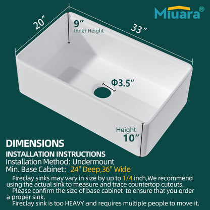 Miuara White Farmhouse Workstation Sink 33 Inch - Heavy Duty Fireclay Apron Front Kitchen Sink Undermount 33"x20"x10", Farm House Style Deep Single Bowl for Kitchen