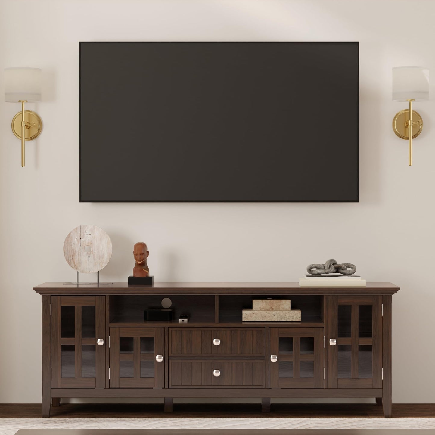 SIMPLIHOME Acadian TV Stand - 60 inch Wide Solid Wood Media Console in Black, Transitional Entertainment Center for Living Room for TVs up to 65 Inches with Glass Cabinets, Drawers and Shelves