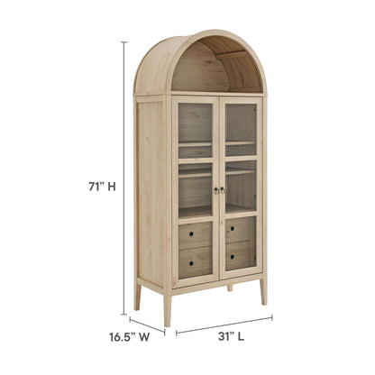 Modway Nolan Modern Farmhouse 71 Inch Tall Arched Storage Display Cabinet in Light Oak Wood Grain - 4-Tier Bookcase with Glass Doors and Shelves - Arch Accent Cabinet for Living Room