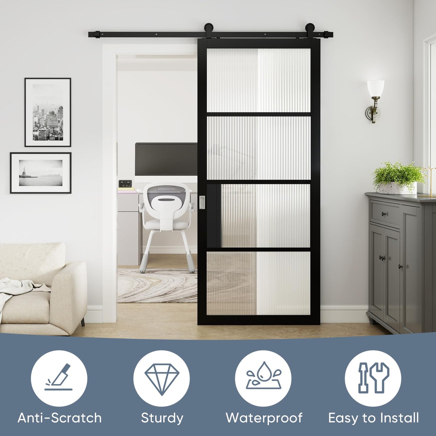 JUBEST 36"x84" Glass Barn Door, 4-Panel Reeded Safety Glass & Matt Black Painted Wood Frame Door Slab with 6FT Hardware Kits & Handles, Wear-Resistant & Scratch-Resistant, Preassembled