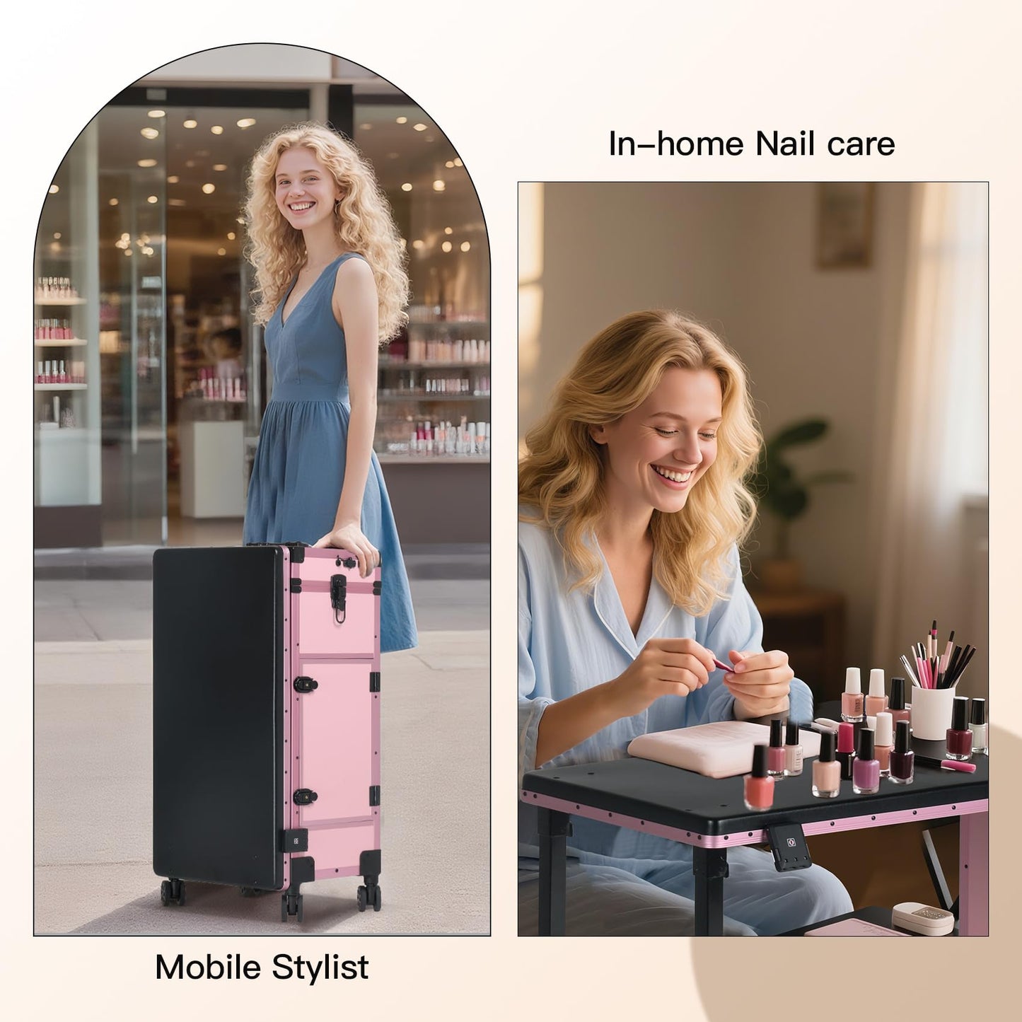 Rolling Portable Manicure Table with 3 Drawers, Lockable Makeup Train Case with Mirror, Foldable Nail Desk with Wheels & Handle, Mesa de Uñas Profesional para Nail Techs & Salon Use, Pink