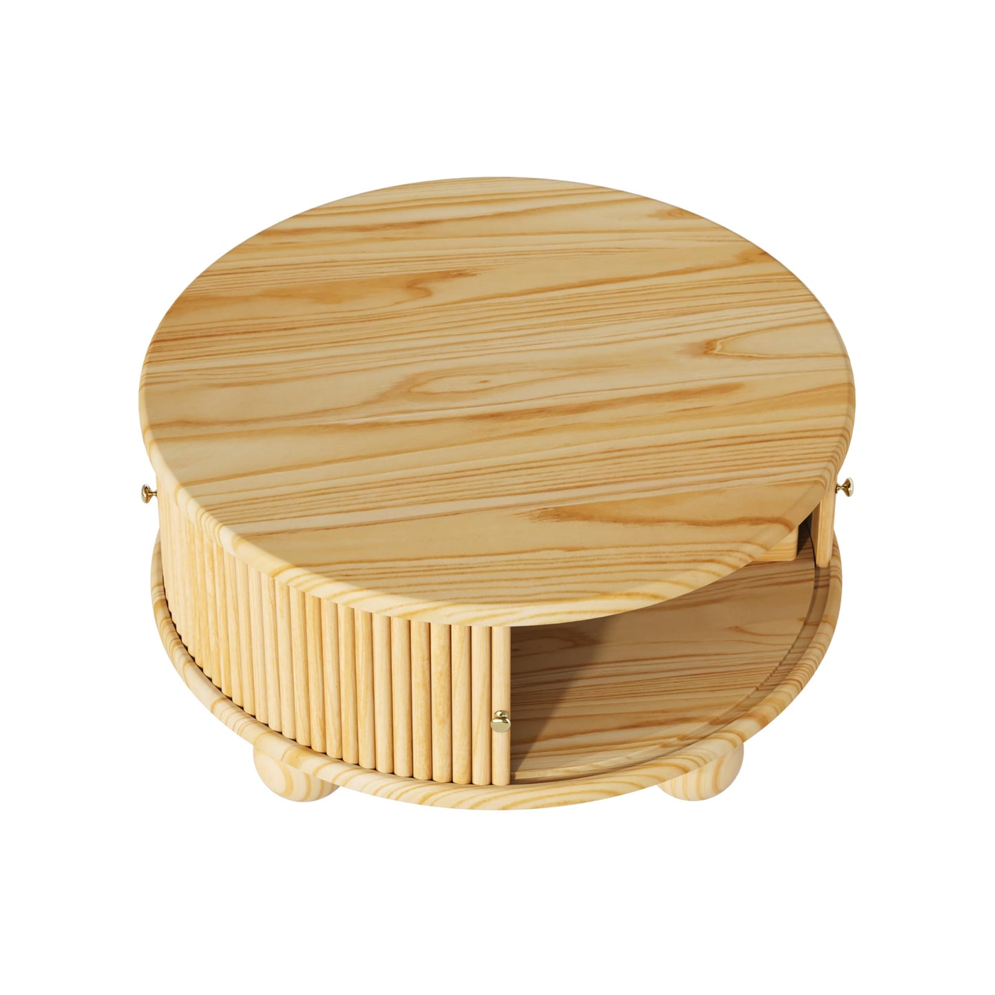 Merax Modern Round Fluted Coffee Table with Storage & Sliding Door – 31.8" Solid Pine Wood Center Table – Living Room Cocktail Table with Hidden Compartment, Natural