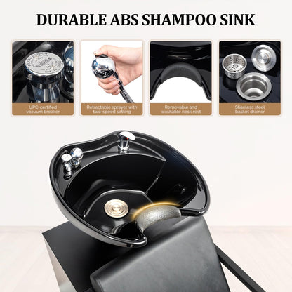 OmySalon Salon Shampoo Bowl and Chair, Hair Washing Station w/Tilting Sink & Storage Cabinet, Backwash Barber Chair for Barbershop Beauty Spa Massage Hairdressing