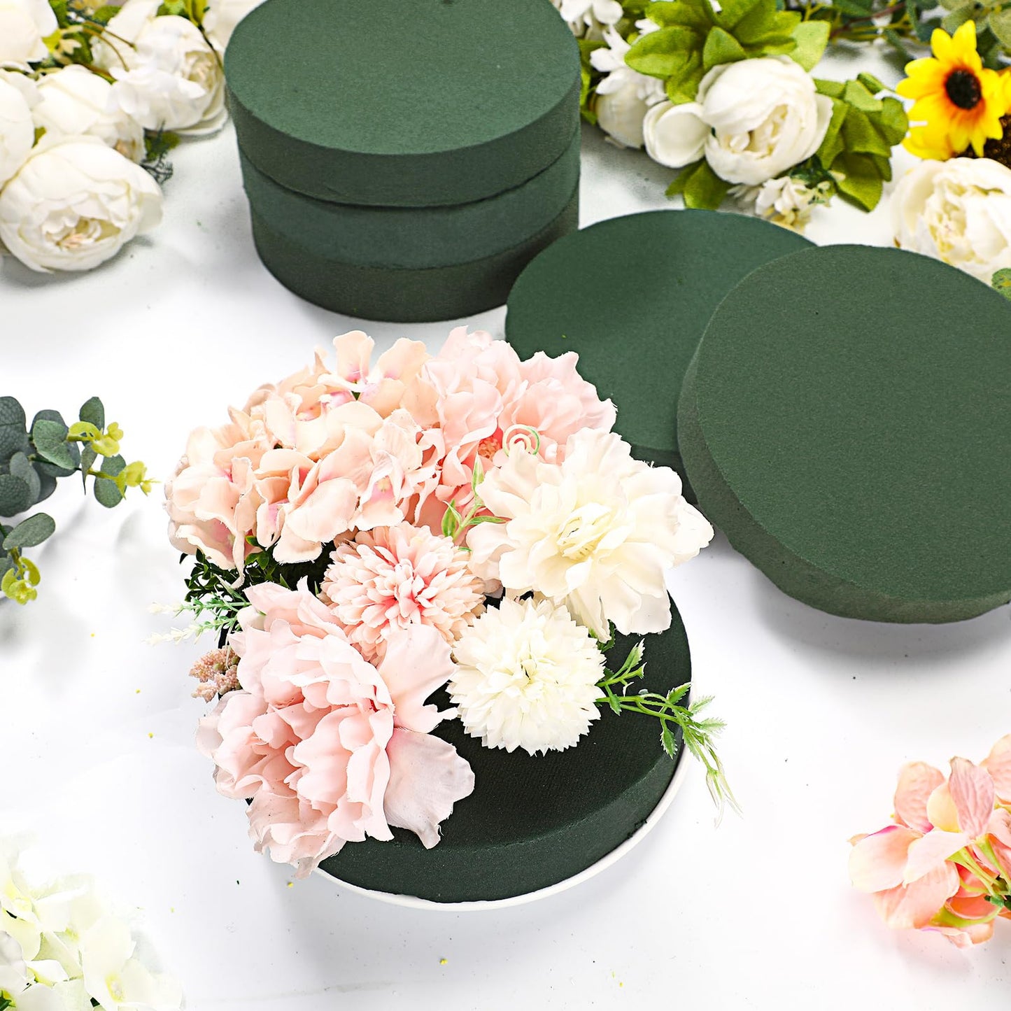 Frienda 6 Pieces Floral Foam Blocks for Artificial Flowers,Thanksgiving Christmas Party Supplies, Dry & Wet Floral Foam Round Kit for Flower Arrangement Wedding Decoration(8 x 1.57 Inch)