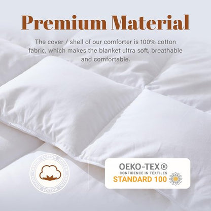 Feather and Down Comforter - Luxurious All-Season Queen Duvet Insert | 100% Cotton, Soft White, 90 x 90 Inches