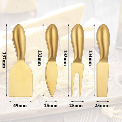 Patelai 4 Pieces Cheese Knives Set, Stainless Steel Tools with Cheese Slicer and Cutters (Gold)
