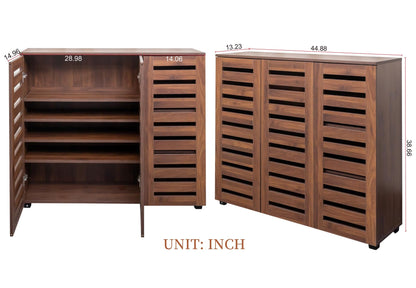 KEIKI 44.88'' Wooden Shoe Cabinet Storage for Entryway with 3 Louvered Door, Freestanding Sideboard Buffet Table Organizer for Hallway, Living Room, Adjustable 4-Tier Shelves, Walnut