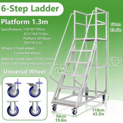 6 Steps Rolling Ladder, Mobile Platform Ladders with Handrails, Industrial & Warehouse Non-Slip Stair Ladder, Heavy Duty Step Ladders for Home Library Outdoor, 1100lbs Capacity